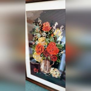 Vintage English Tapestry Red Yellow Pink Roses in Vase/ Vase with Flowers.